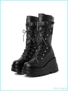 Goth Combat Platform Boots for Women Mid-Calf Vegan PU Leather Studded